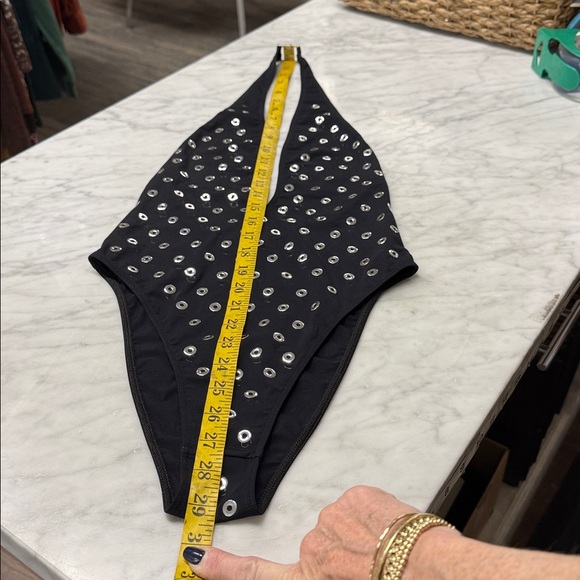 Alaia NWOT Black and Silver Eyelet Deep V One Piece Swimsuit Size 34 - Picture 12 of 12